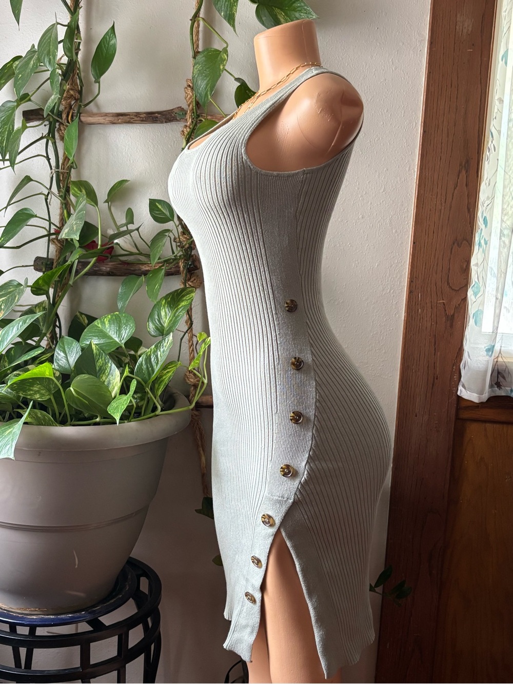 Ribbed Tank Knit Dress with Side Button Slit - sage green